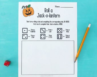 May include: A printable game sheet with a jack-o-lantern illustration and instructions for a dice game. The game involves drawing different parts of a jack-o-lantern, such as the pumpkin, stem, leaf, nose, eyes, and mouth, based on the number rolled on a die.
