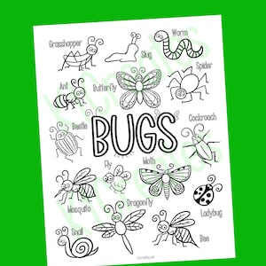 Puede incluir: Ilustración en blanco y negro de varios insectos, incluyendo un saltamontes, una hormiga, una mariposa, un escarabajo, una babosa, un gusano, una araña, una cucaracha, un mosquito, una mosca, una polilla, una libélula, una mariquita, una abeja y un caracol. La palabra "BUGS" está en el centro.