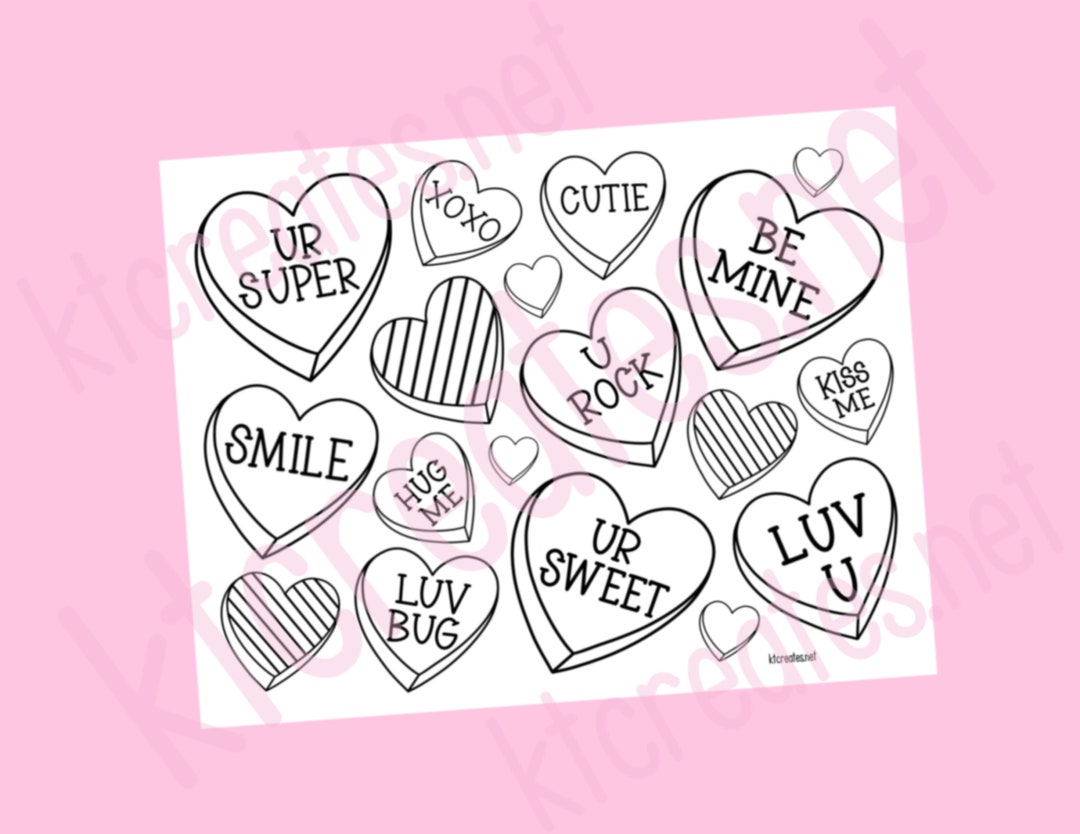 Valentines Day Candy Hearts Coloring Page, Candy Hearts, Valentines Hearts Coloring