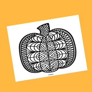 May include: A black and white line drawing of a pumpkin with intricate patterns. The pumpkin is in the shape of a heart and has a stem at the top.