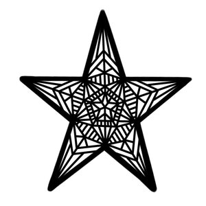 May include: A black and white geometric star with intricate lines and patterns.
