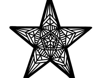 May include: A black and white geometric star with intricate lines and patterns.