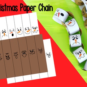 May include: A colorful image featuring a Christmas paper chain craft. The paper chain is made of white and brown paper strips, decorated with snowman faces. The text "Christmas Paper Chain" is at the top. The background is red and green.