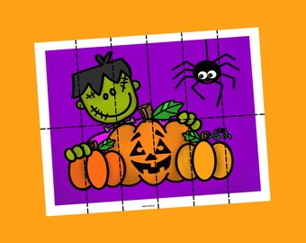 Halloween-kinderpuzzel: Frankenstein, spin, pompoenen
