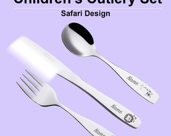 Personalised Engraved Exzact Safari (Elephant, Lion & Giraffe) Children's Cutlery Set | Stainless Steel | Set of 3