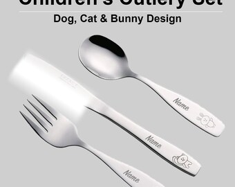 Personalised Engraved Exzact Dog, Cat, Bunny Children's Cutlery Set | Stainless Steel | Set of 3