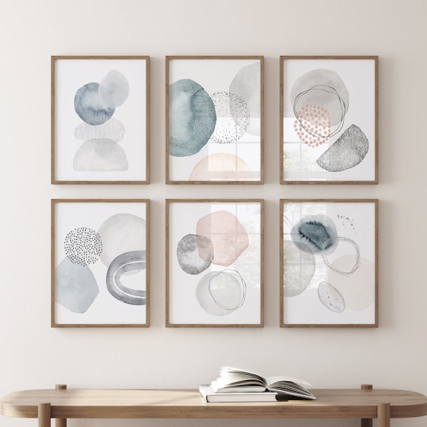 Abstract Art Set of 6 Prints | Watercolor Gallery Wall | Modern Geometric Printable Artwork | Pastel Blue Silver Art Set