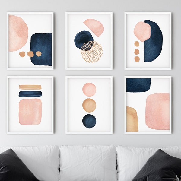 Set of 6 Prints, Geometric Watercolor, Large Abstract Wall Art, Mid Century Modern, Minimalist Printable Art, Indigo, Pink, Beige Art