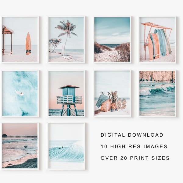 Large Beach Wall Set, DIGITALT DOWNLOAD, Surf Ocean Coastal Set, Blue Pink Blush Beach Gallery wall, Set of 10 Prints, Pastel Beach Prints
