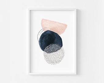 Abstract Watercolor Print | Geometric Mid Century Modern Printable Art | Indigo Blue Art | Pink Blush Art | Large Boho Art