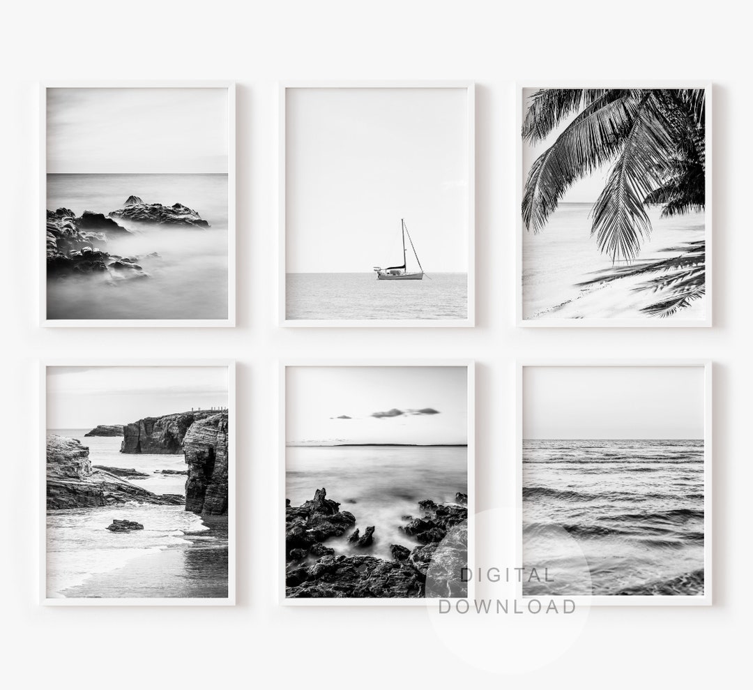 Black and White Beach Prints Set of 6 Large Coastal Set Gallery Wall ...