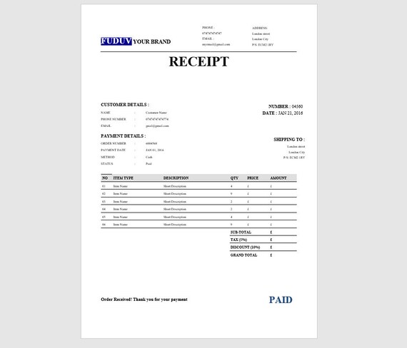 invoice receipt order form printable invoice custom etsy