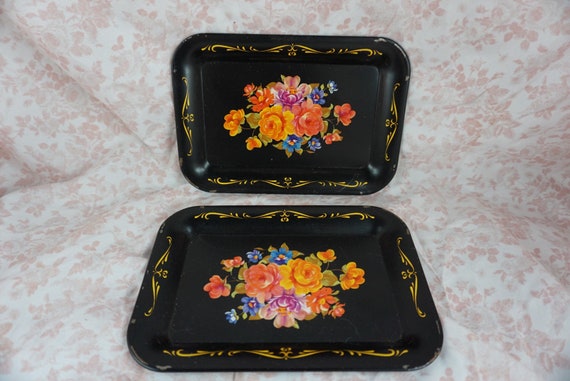 Black And Floral Decorative Trays Set Of 2