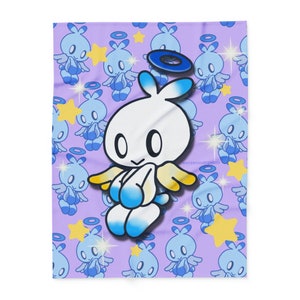 Puede incluir: Un ángel de dibujos animados blanco y azul con alas amarillas sobre un fondo morado con un patrón repetido de ángeles azules más pequeños con halos y estrellas amarillas.
