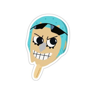 May include: A sticker featuring a cartoon character with a light blue head covering, black sunglasses, and a stern expression. The character has a tan face, a gray nose, and a wide grin. The sticker is on a white background.