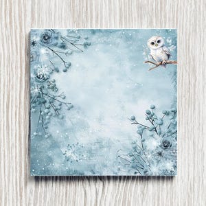 Op de afbeelding: Vierkante illustratie met een winterthema. De afbeelding toont een witte uil op een tak, omringd door blauwe bloemen en bessen. De achtergrond heeft een textuur, lichtblauw en wit kleurenschema met sneeuwvlokken.