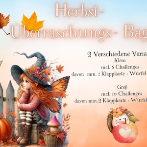 Könnte beinhalten: Illustriertes Bild mit dem Text "Herbst-Überraschungs-Bag". Es zeigt eine skurrile Szene mit einer Fee, einem Kürbis und Herbstblättern. Das Bild enthält auch Text, der zwei verschiedene Taschengrößen mit Herausforderungen angibt.