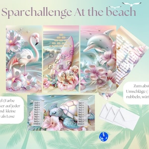 At the beach Pastell Sparchallenge  Sparspiel  zum rubbeln abstreichen würfeln/ passend für A6 Binder / sparen / Spar Challenge/A2024258