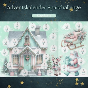 Puede incluir: Un calendario de adviento azul verdoso y rosa con un diseño de casa de jengibre. El calendario tiene 24 puertas numeradas, cada una con un pequeño adorno blanco. El calendario también incluye un trineo con una manta blanca y rosa y un muñeco de nieve que sostiene una bolsa roja y blanca a rayas.