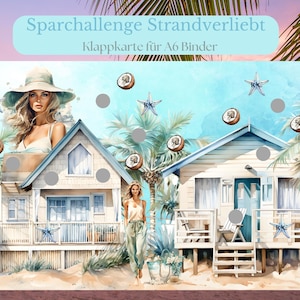 Op de afbeelding: Waterverfillustratie van strandhuizen met vrouwen, palmbomen en decoratieve elementen. De afbeelding bevat de tekst "Sparchallenge Strandverliebt Klappkarte für A6 Binder". Het kunstwerk heeft een kustthema met een lichtblauw en wit kleurenpalet.