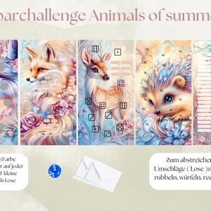Sparchallenge  Sparspiel Animals of summer Pastell zum rubbeln abstreichen würfeln/ passend für A6 Binder / sparen / Spar Challenge/A2024229