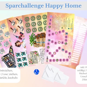 Könnte beinhalten: Ein rosa-weißes Spielbrett mit einem herzförmigen Pfad und dem Thema 'Home Sweet Home'. Das Brett enthält einen Würfel, Umschläge und eine Liste von Aktivitäten, die zu erledigen sind, wie z. B. Umschläge ziehen, reiben, würfeln und spielen. Der Text 'Sparchallenge Happy Home' befindet sich oben auf dem Brett.