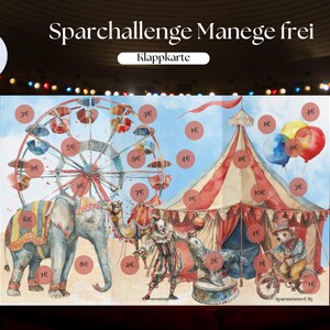 Könnte beinhalten: Eine Illustration im Zirkus-Stil mit einem Riesenrad, einem Zelt und verschiedenen Zirkustieren. Das Bild enthält deutschen Text und Kreise mit Euro-Beträgen. Ein unterhaltsames Design für eine Spar-Challenge.