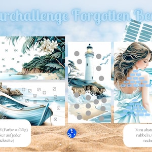 Op de afbeelding: Een spaaruitdagingsset met strandthema met aquarel illustraties. De set bevat afbeeldingen van een strandscène, een vuurtoren en een vrouw. De tekst "Sparchallenge Forgotten Beach" staat bovenaan. Inclusief een dobbelsteen en kras-elementen.
