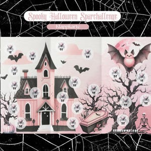 Puede incluir: Una tarjeta de juego imprimible de Halloween de color rosa y blanco con una casa encantada, un murciélago, un ataúd y un esqueleto. La tarjeta tiene el texto "Spooky Halloween Sparchallenge Klappkarte" en la parte superior.