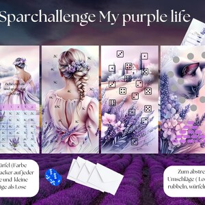 Könnte beinhalten: Ein Spiel namens "Sparchallenge My Purple Life" mit einem Lavendel-Thema. Das Spiel beinhaltet zwei Würfel, einen Tracker und Umschläge. Das Spielbrett zeigt eine lila Landschaft mit Lavendelblumen und eine Frau mit lila Blumen im Haar.