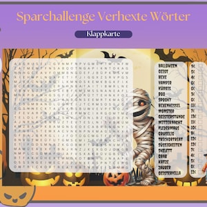 Pode incluir: Um quebra-cabeça de palavras cruzadas com tema de Halloween com uma ilustração de uma múmia. O quebra-cabeça apresenta palavras relacionadas ao Halloween, como "Halloween", "fantasma", "bruxa", "vampiro" e "monstro".