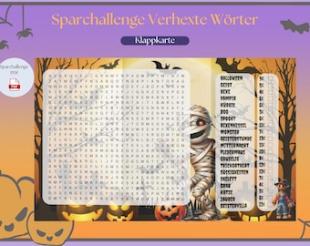 Desafio de poupança: palavras cruzadas de Halloween, ideal para fichário A6 (PDF para download direto).