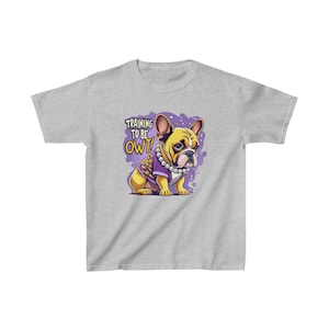 May include: A light gray t-shirt with a cartoon image of a French bulldog wearing a purple shirt with the text "Training to be OwT!" printed on it.