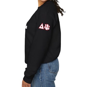 May include: Black sweatshirt with white text and a red and white Greek letter design on the sleeve. The text reads "Delta Sigma Theta".