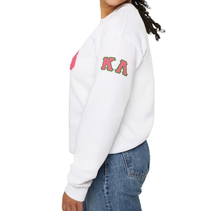 May include: White sweatshirt with a pink and green Greek letter design on the sleeve. The letters are "KA".