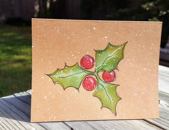 Hand painted wooden Christmas postcard holly