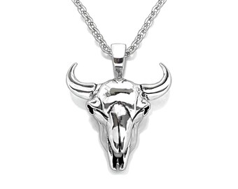 Silver Buffalo Skull Necklace, Buffalo Skull Jewelry, Buffalo Skull Pendant, Wildlife Skull Jewelry, Animal Skull Necklace, Gift for Men