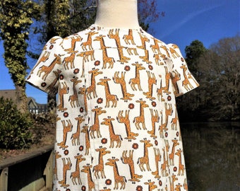 Size 2, 2T New Vintage Retro Little Girls A-Line Silly Smiles Giraffes Dress, 1960's