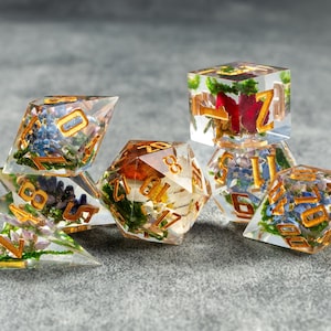 Druid dream - Mushroom dice,  flower mix dnd sharp edges dice set,  Critical Role Dungeons and dragons, fox byFlowerFox