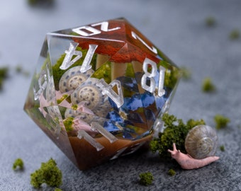 Mushroom, forget me nots & snail d20 - Forest sharp edges dice, Nature themed, Critical Role dice, Dungeons and dragons gifts