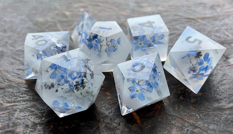 Flowers in milk - Flower dnd dice set Critical Role Floral polyhedral dice set Dungeons and dragons Handmade Forget me not dice byFlowerFox 