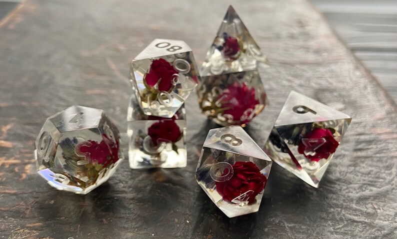 Red rose dnd sharp edges dice set Critical Role polyhedral dice set for RPG game Dungeons and dragons Handmade Rose fox Lavender dream