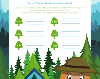 May include: A math worksheet titled Fun with Factors featuring a forest theme with a park ranger character, a blue tent, and a campfire. The page includes spaces for name, date, section, and teacher, plus six green tree icons labeled with numbers.