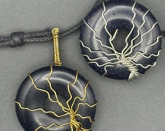 Blue Goldstone Tree of life Crystal Talisman | Handmade Wearable Gemstone Pendant