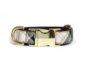 Buckle Dog Collar with Brass Buckle – Plaid (Green)