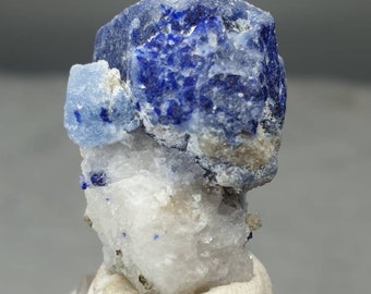 Highly Fluorescent Mineral Afghanite on Terminated Lapis Lazuli with Muscovite and Pyrite on Marble Matrix