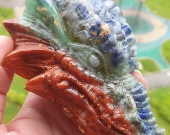 Lapis Lazuli Tumbled Crystal, Peridot, Carnelian, Dragon Head Crystal Resin Art, Hand Made Epoxy Resin Mythical Dragon Head Display