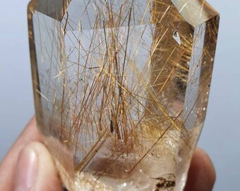 Gold Rutiles in Quartz Crystal - polished Self Standing