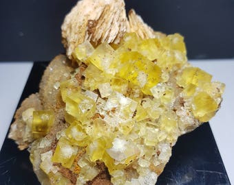 Yellow cubic Fluorite crystals on Quartz Matrix and bladed Barite. UV fluorescents longwave or shortwave