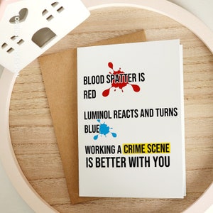 Ciencias forenses, CSI, ciencia forense, tarjetas imprimibles, regalos de San Valentín, divertido, escena del crimen, aplicación de la ley, descarga instantánea, luminol, salpicaduras